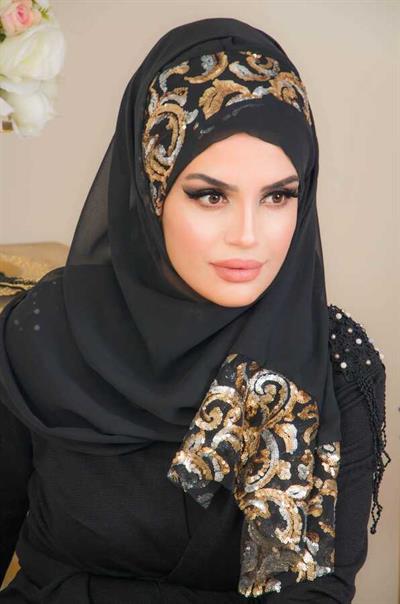 Siyah Gold Detaylı Payetli Abiye Double Şal