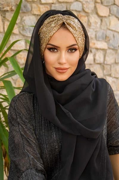 Siyah Gold Simli Abiye Şal