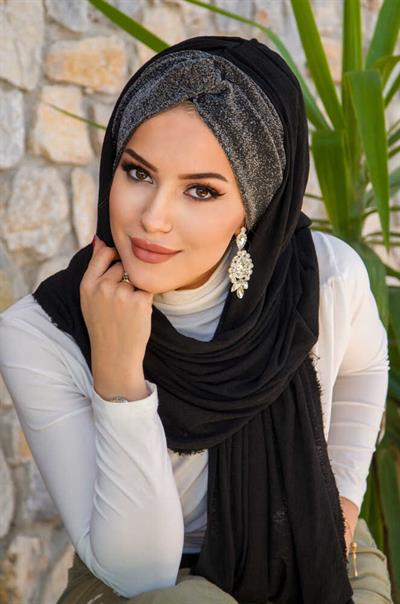 Siyah Gümüş Burgu Hazır Şal