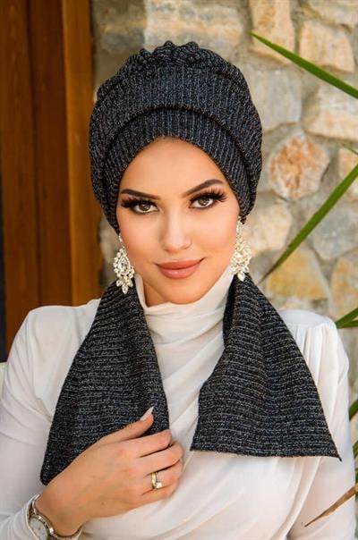 Siyah Gümüş Fitilli Atkılı Tesettür Bone