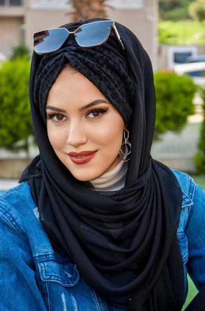 Siyah Kabartma Büzgülü Hazır Şal