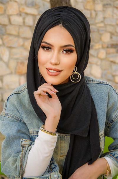 Siyah Kelebek Model Büzgülü Bone Şal