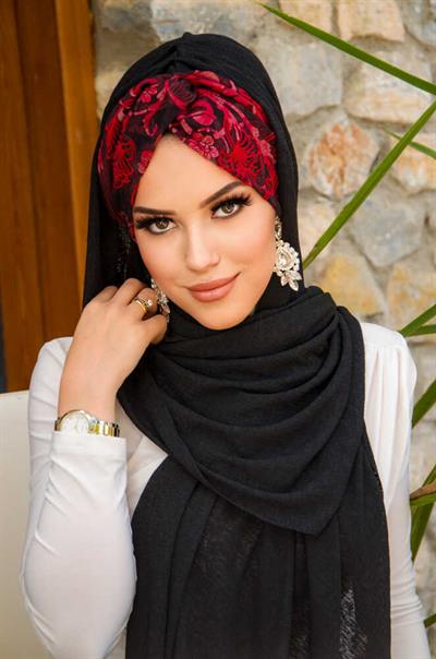 Siyah Kırmızı  Burgu Hazır Şal