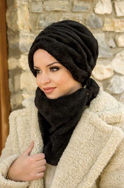 Siyah Kürk Büzgülü Bone Ve Etol Takım