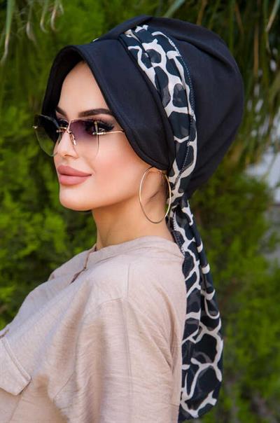 Siyah Mermer Desen Fularlı Şapka Bone