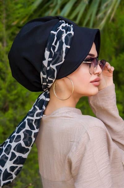 Siyah Mermer Desen Fularlı Şapka Bone