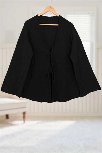 Siyah Önü Bağlamalı Kimono Tunik / Likralı Ütü İstemez Kumaş