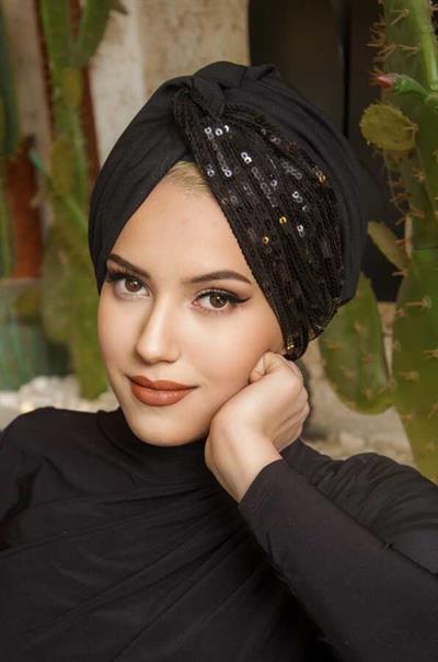 Siyah Payetli Burgu Model Tesettür Abiye Bone