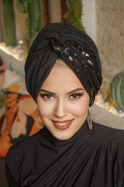 Siyah Payetli Burgu Model Tesettür Abiye Bone