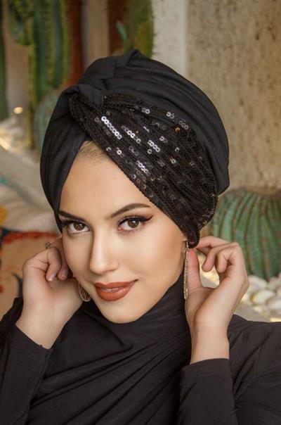 Siyah Payetli Burgu Model Tesettür Abiye Bone