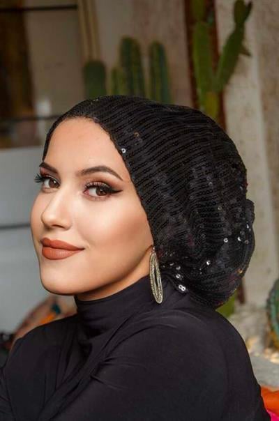 Siyah Payetli Çağla Abiye Hazır Türban Bone