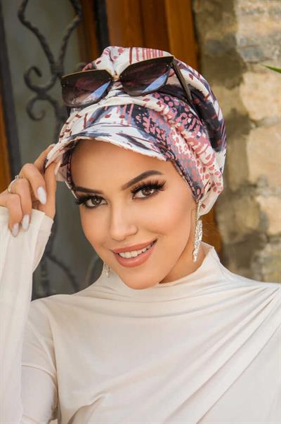 Siyah Pudra Bohem Desen Tesettür Şapka Bone