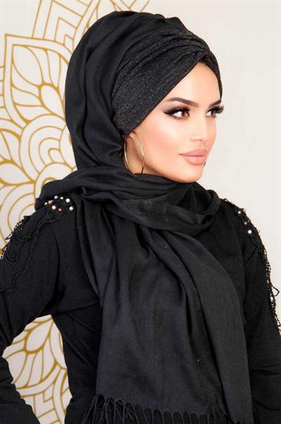 Siyah Simli Büzgülü Hazır Şal
