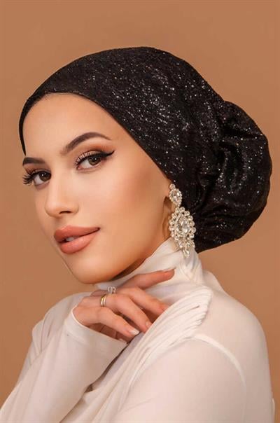 Siyah Simli Çağla Abiye Hazır Türban Bone