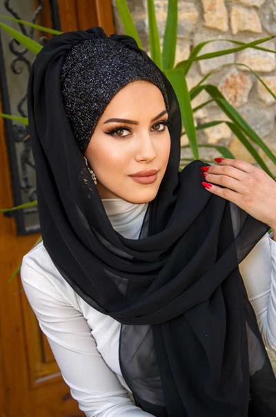Siyah Simli Hazır Abiye Şal