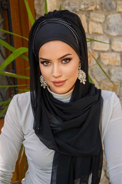 Siyah Taş Detaylı Hazır Abiye Şal