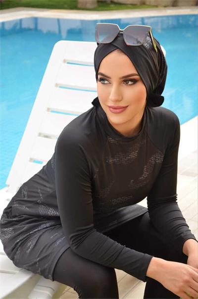 Siyah Yazı Desen Tesettür Mayo Takım