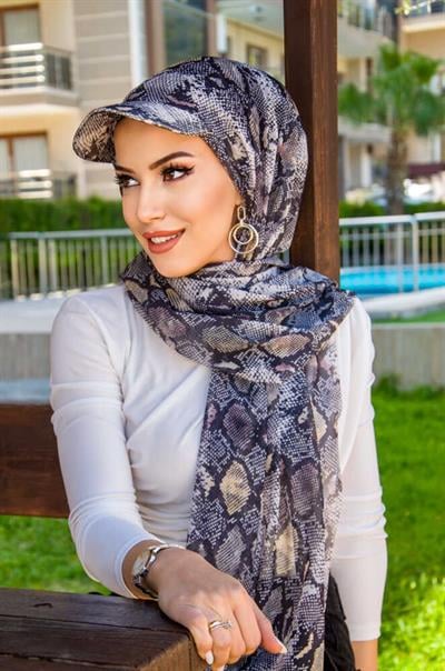 Siyah Yılan Derisi Desen Kepli Bandana Şapka Şal