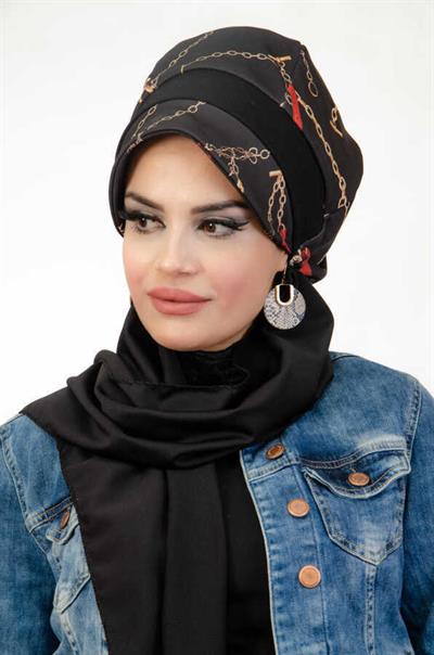 Siyah Zincir Desen Tesettür Şapka