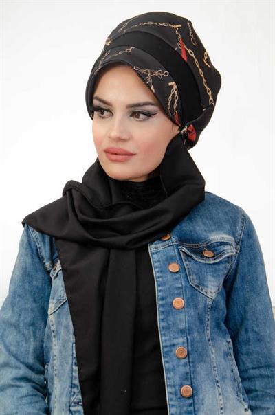 Siyah Zincir Desen Tesettür Şapka
