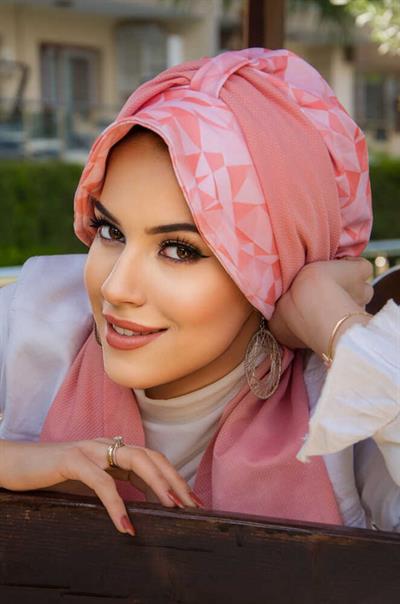 Somon Pudra Desen Fularlı Şapka Bone