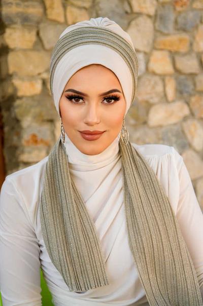 Taş Bej Pilise Desen Fularlı Bone