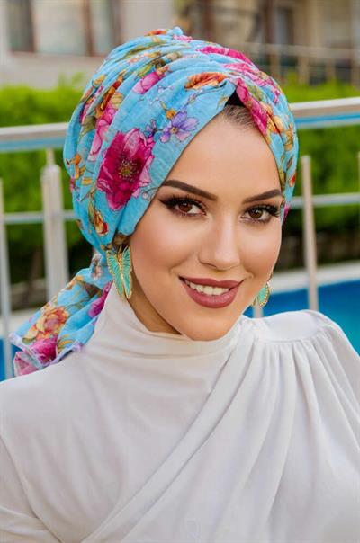 Turkuaz Çiçekli Tokalı Bone