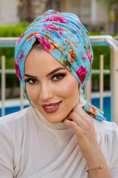 Turkuaz Çiçekli Tokalı Bone