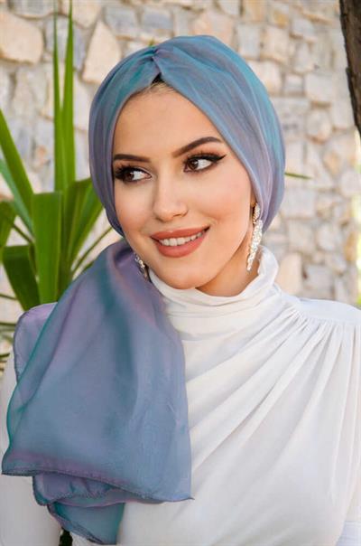 Turkuaz Lila Janjan Şifon Tokalı Bone