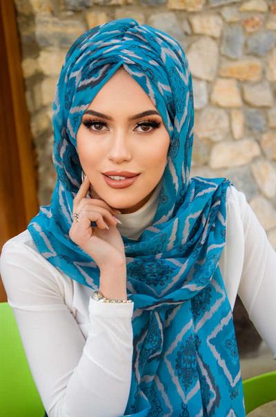 Turkuaz Retro Desen Hazır Şal