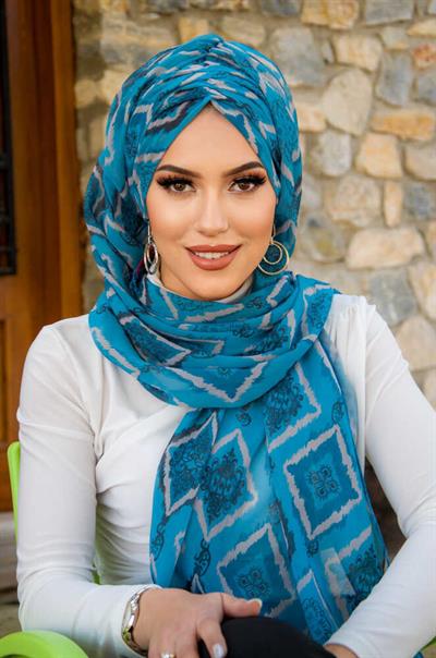 Turkuaz Retro Desen Hazır Şal