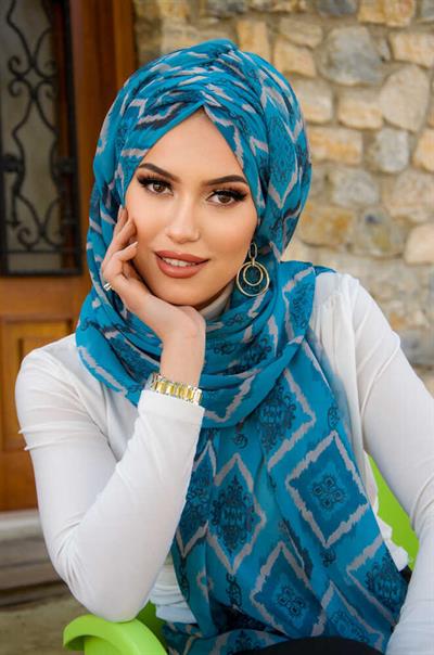 Turkuaz Retro Desen Hazır Şal