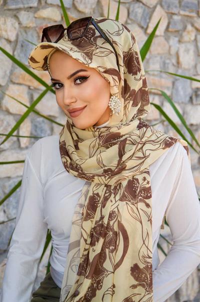Uçuk Sarı kahve Desen Kepli Bandana Şapka Şal