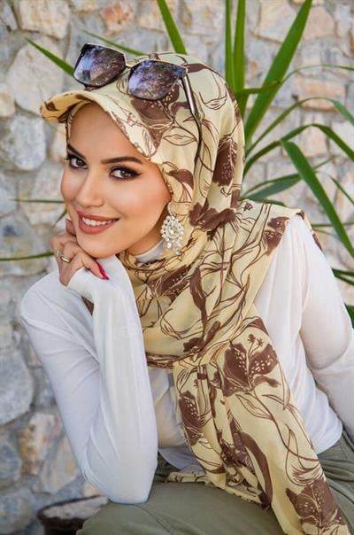 Uçuk Sarı kahve Desen Kepli Bandana Şapka Şal