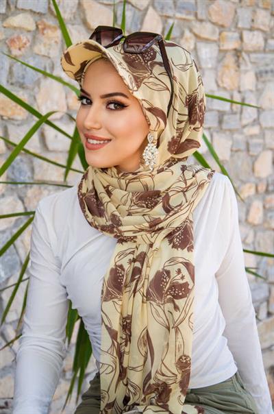 Uçuk Sarı kahve Desen Kepli Bandana Şapka Şal