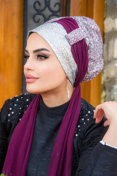 Vişne Gümüş Fularlı Abiye Bone