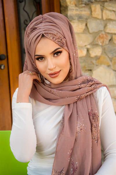 Vizon Nude Yaprak Desen Hazır Şal