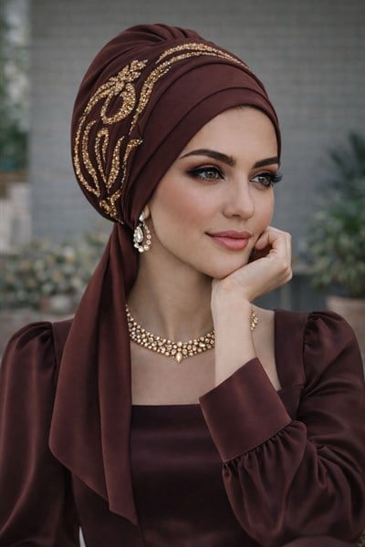 Acı Kahve Gold Motifli Atkılı Abiye Bone