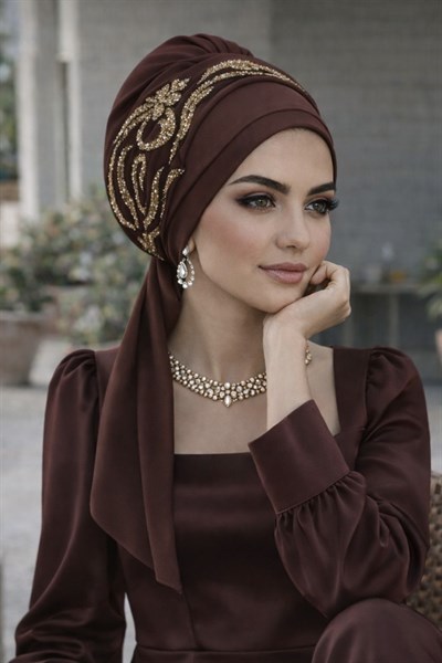 Acı Kahve Gold Motifli Atkılı Abiye Bone
