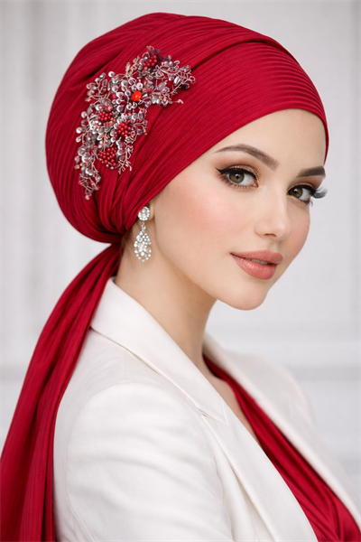 Açık Bordo Nakışlı Abiye Atkılı Bone