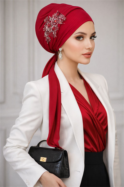 Açık Bordo Nakışlı Abiye Atkılı Bone