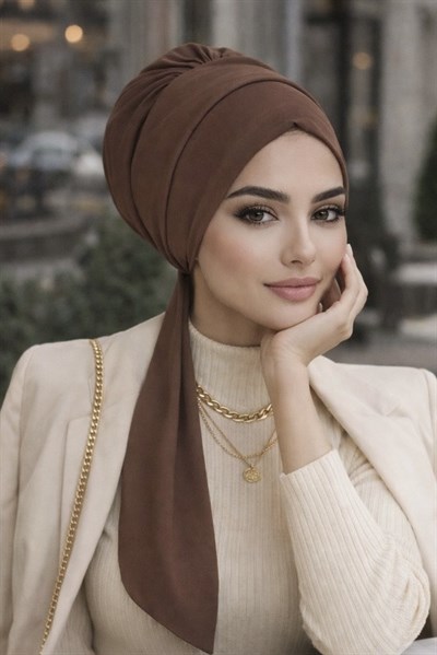 Açık Kahverengi Krep Atkılı Tesettür Bone