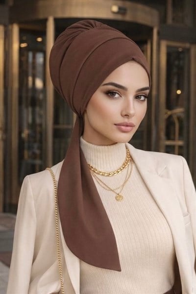 Açık Kahverengi Krep Atkılı Tesettür Bone