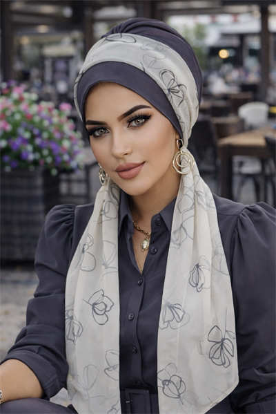 Antrasit Beyaz Çiçek Desen Fularlı Bone