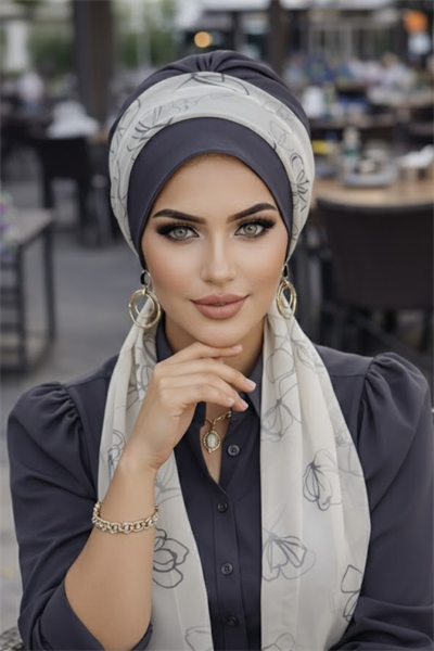 Antrasit Beyaz Çiçek Desen Fularlı Bone