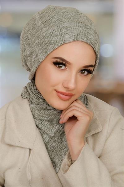 Gri Triko Desen Tesettür Bere Ve Etol Takım