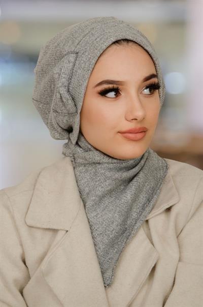 Gri Melanj Fiyonklu Tesettür Bere ve Etol Takım