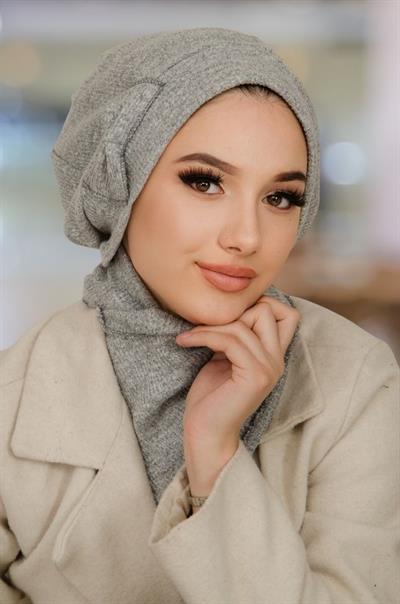 Gri Melanj Fiyonklu Tesettür Bere ve Etol Takım