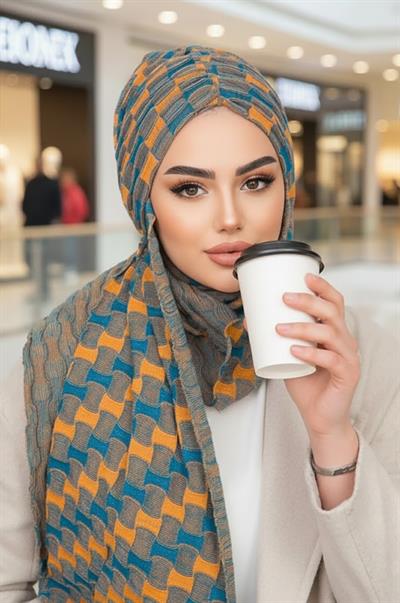 Antrasit Hardal Desenli Kelebek Model Büzgülü Bone Şal