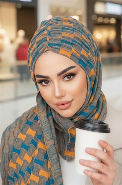 Antrasit Hardal Desenli Kelebek Model Büzgülü Bone Şal